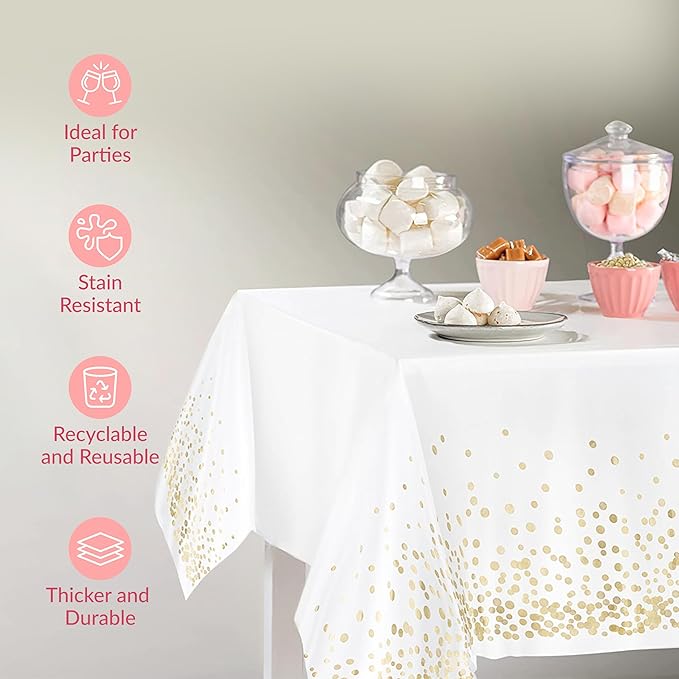 Prestee White and Gold Tablecloths, 4pk, 54x108 Inches - Party Table Cloths Disposable - Gold Dot Disposable Tablecloths - Plastic Table Cloth - Engagement Party Decorations, Baptism Decorations