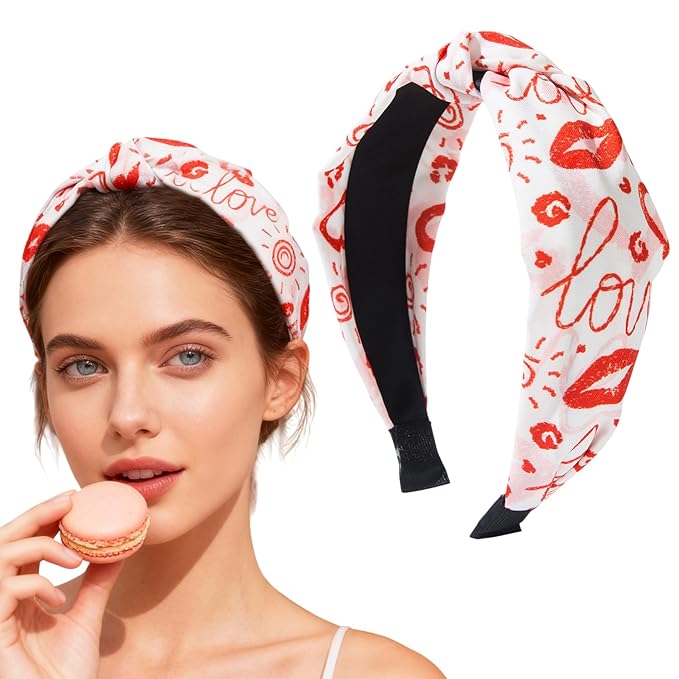 1pcs Valentines Headband With Red Lips Designs English Letters Headbands Fashion Women Head Band Non Slip Cute Knotted Headbands for Women for Valentines Lover Party Hair Accessory