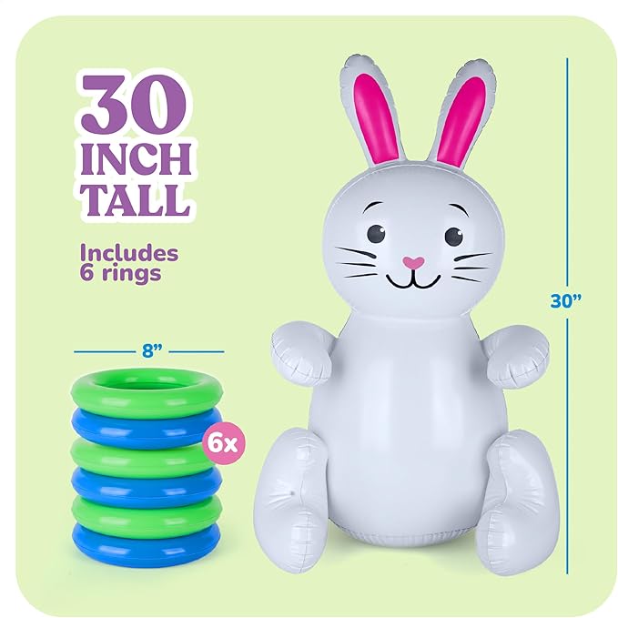 30" Easter Bunny Inflatable Ring Toss Game - Easter Games for Kids with 6 Rings - Weighted Bottom to Keep Inflatable Rabbit Upright - Family Outdoor Easter Party Games for Kids and Adults