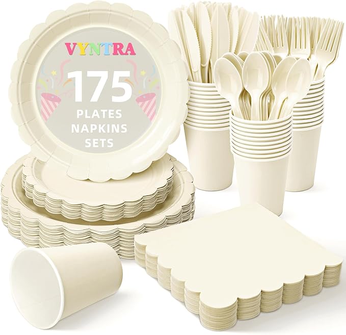 Vyntra 175 Pcs Ivory Disposable Paper Plates and Napkins Set for 25, 9" Dinner Plates & 7" Dessert Plates, Tableware for Wedding, Bridal Shower, Anniversary, Party