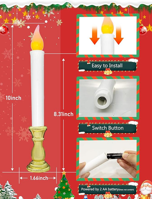 10 Pcs Battery Operated LED Window Candles with Timer, 10'' Flameless Flickering Christmas Window Candles with Suction Cups, Gold Base Taper Candlesticks Lights for Christmas Window Table Decorations