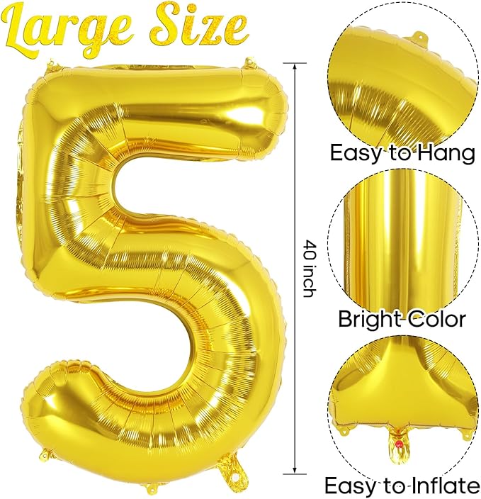 Gold Number 5 Balloon 40 Inch, Big Large Foil Helium Number Balloons, Jumbo Giant Mylar Number 5 Balloons for 5 Year Old Birthday Gold Party Decorations