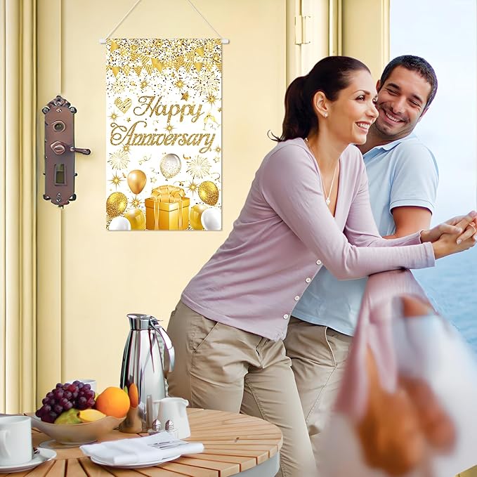Anniversary Party Decorations White Gold Happy Anniversary Door Banner Sign Small Wedding Anniversaries Door Hanging Banner Porch Front Door Decor for Women Men Cruise Door Sign Supplies