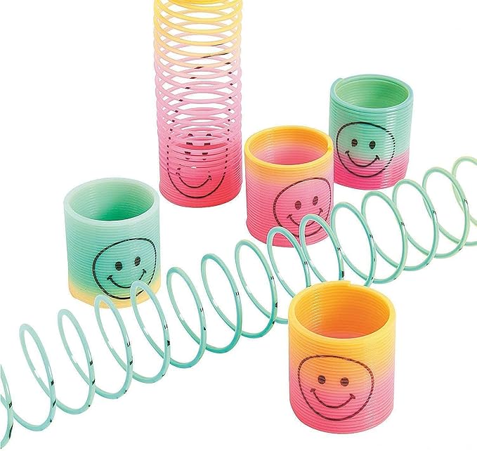 72 PCS Mini Emoticon Smile Happy Face Rainbow Springs Party Favors in Storage Bucket - Bulk Set of Plastic Magic Coil Stretch Stress Toys for Kids Birthdays, Carnival Prizes, Goodie Bag Stuffers