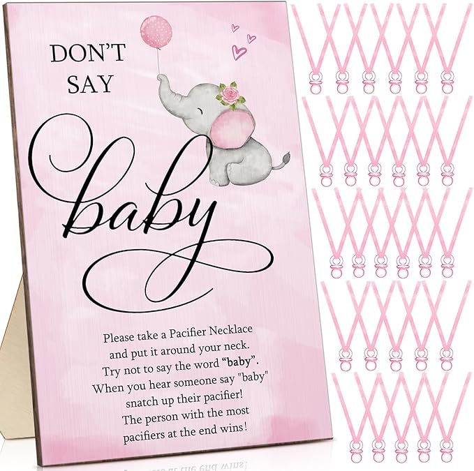 Geetery 51 Pcs Don't Say Baby Game Sign Cool Baby Shower Game 50 Pacifier Necklace Wooden Don't Say Sign Plastic Pacifier Party Favor for Gender Reveal(Elephant,Pink)
