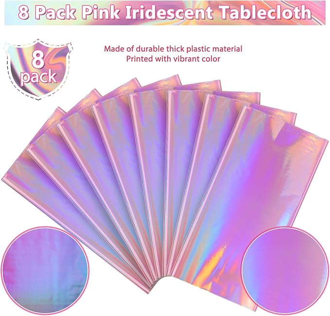 8 Pack Iridescent Pink Plastic Tablecloths, FunnyPars Shiny Disposable Laser Rectangle Table Covers, Holographic Foil Tablecloth Iridescent Party Decorations for Kpop Birthday Wedding Xmas, 54x108Inch