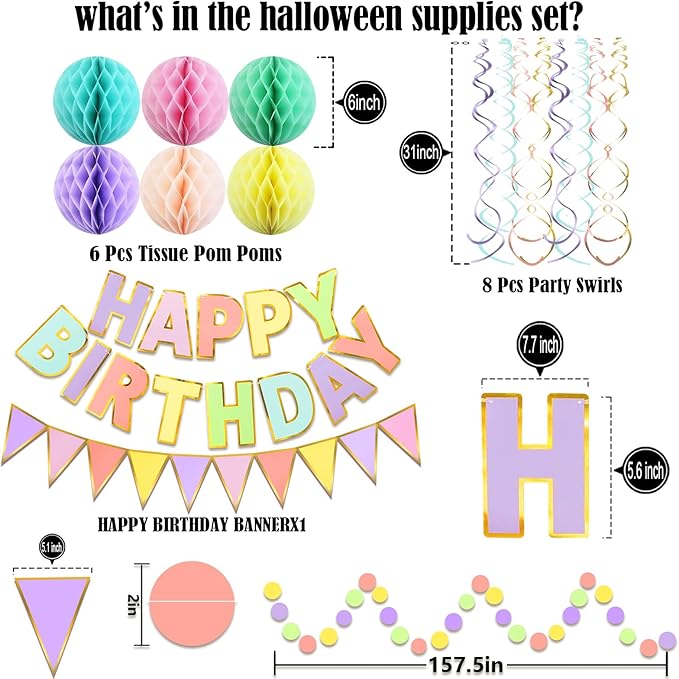 Fecedy Macaron Superlarge Alphabet Happy Birthday Banner Colorful Flag Bunting Circle Confetti Garland Swirl Streamers Honeycomb Ball for Birthday Party Decorations
