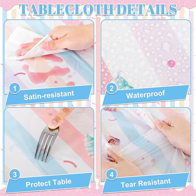 3 Pack Ice Cream Tablecloths Party Decorations, 54 x 108 Inch Disposable Ice Cream Birthday Themed Table Cloth Waterproof Rectangle Party Table Cover for Kids Sweet One Birthday Baby Shower