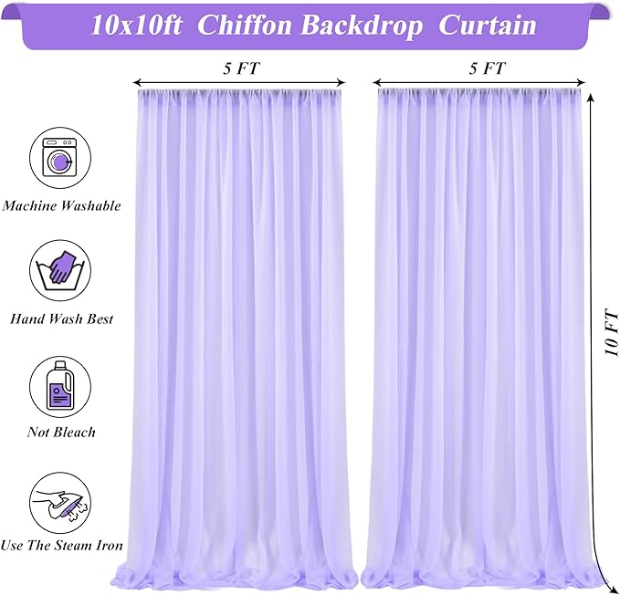 10x10ft Lavender Chiffon Backdrop Curtain with Lights String for Wedding Sheer Tulle Curtain Photo Backdrops Drapes for Baby Shower Birthday Party Home Ceremony Decorations