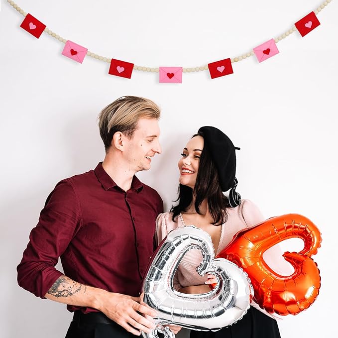 DAZONGE Retro Valentines Day Decor, Felt Envelope Wood Bead Valentines Garland Banner, Valentine’s Day Banner for Wedding, Anniversary Decor
