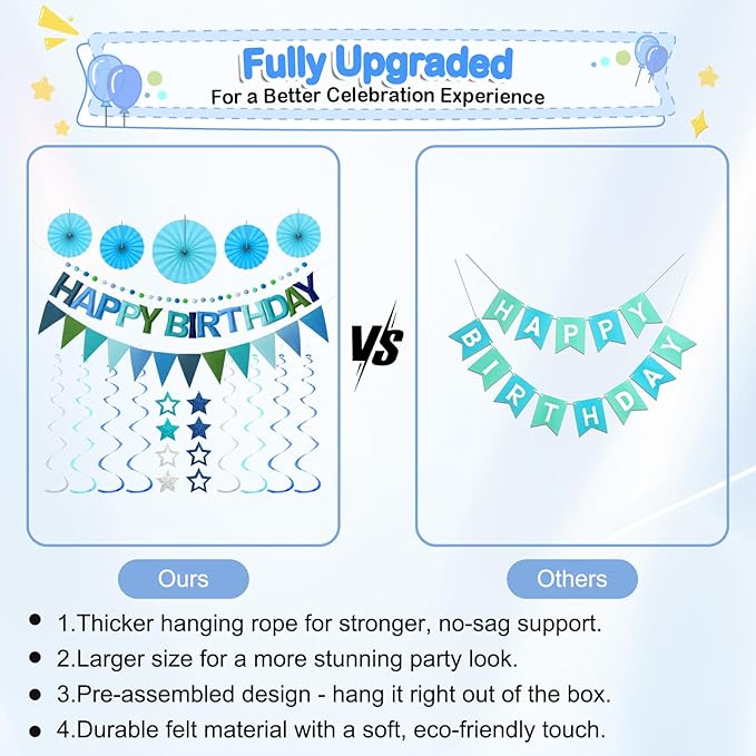 Pre-Strung Happy Birthday Banner, Reusable Felt Birthday Party Decorations, 3D Effect Happy Birthday Sign with Felt Ball Garland, Pennant Flag, Hanging Paper Fans for Men Women Boy Girls (Blue)