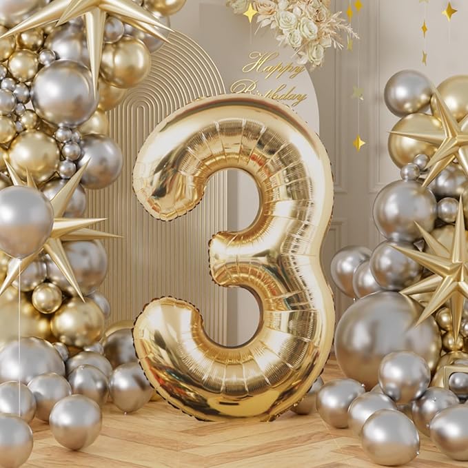 AULE 40 Inch Large 3 Balloon Numbers Light Gold, Big Foil Number Balloons, Giant Helium Happy Birthday Party Decorations for Man and Women, Huge Mylar Anniversary Party Supplies