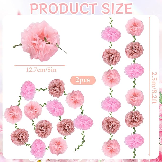 Pink Flower Garland for Backdrop - 2 Pcs Hanging Paper Flower Garlands for Wedding Arch Baby Shower Decor, 8.2 Ft Artificial Floral Vines for Living Room Wall Birihday Party Decoration