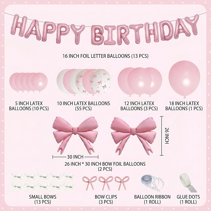 102 PCS Pink Birthday Balloon Decorations Kit, Happy Birthday Banner with Foil Letters, Bow Balloons, Latex Balloons, Ribbon & Glue Dots for Girls Birthday Party Decorations, Baby Shower, Anniversary