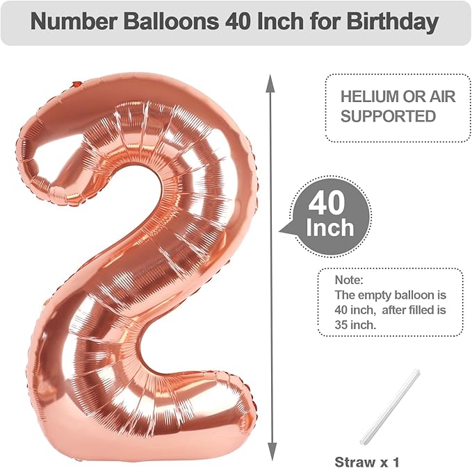40 Inch Numbers Balloon, Rose Gold Balloons for Birthday Party Decoration, Large Number 2 Ballon for 2, 12, 20, 22, 2026 Celebration, Graduation, Birthday, Baby Shower, Anniversary Decor