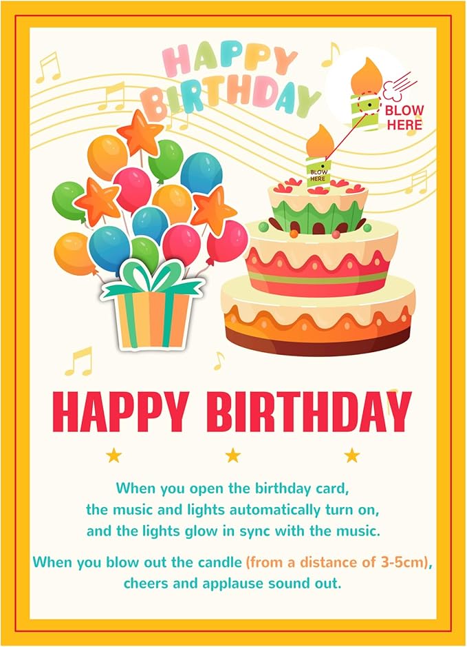 Birthday Cards Pop Up Cake with Blowable Candle Light, Music Happy Birthday Card Gifts for Men Women Kids Mom Grandma