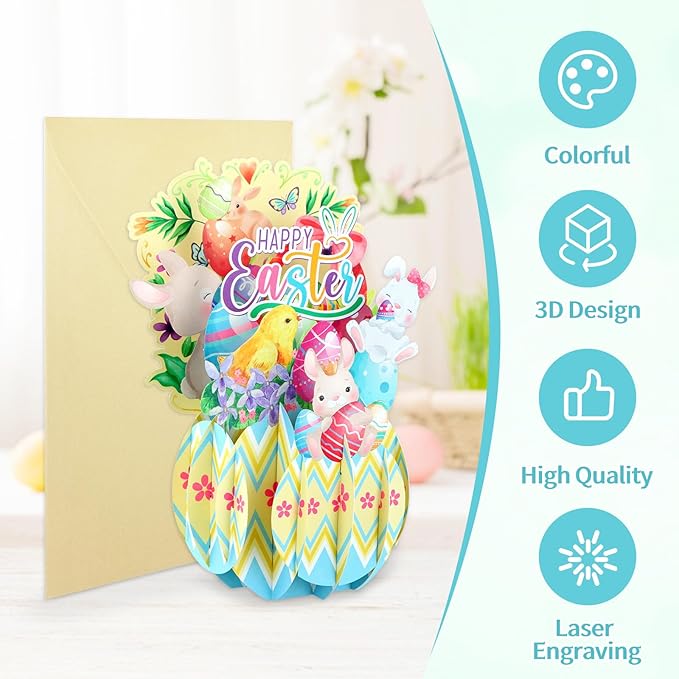 FaCraft Easter Pop Up Cards - Pop Up Easter Greeting Cards for Kids Adults with Golden Envelope, Spring Gift for Daughter Son Friend Family Grandson Granddaughter (3D Bunny & Chick Design)