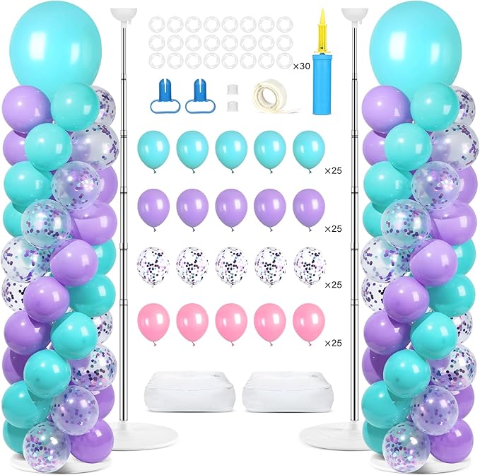 2 Sets Pink Purple Blue Balloon Column Stand Kit with 100 Balloons Adjustable Balloon Tower Stand with Bases for Floor Confetti Balloons Column Kit for Mermaid Theme Graduation Birthday Party Decor