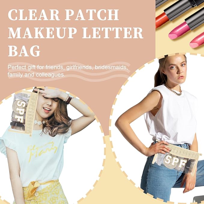 2Pcs Boho Patch SPF Bag Clear Makeup Letter Bag, Waterproof Zipper Make up Bags Toiletry Pouch for Women Girls, Clear Letter Patch Cosmetic Bags Transparent Organizer Pouch for Travel(SPF, Beach)