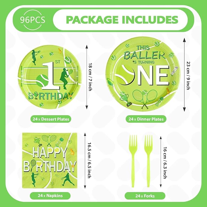 96Pcs Tennis Ball First Birthday Decorations Tennis Party Decorations Plates and Napkins 1st Tableware Set for Baby Boys Girls First Birthday Baby Baptism Party Supplies Serves 24