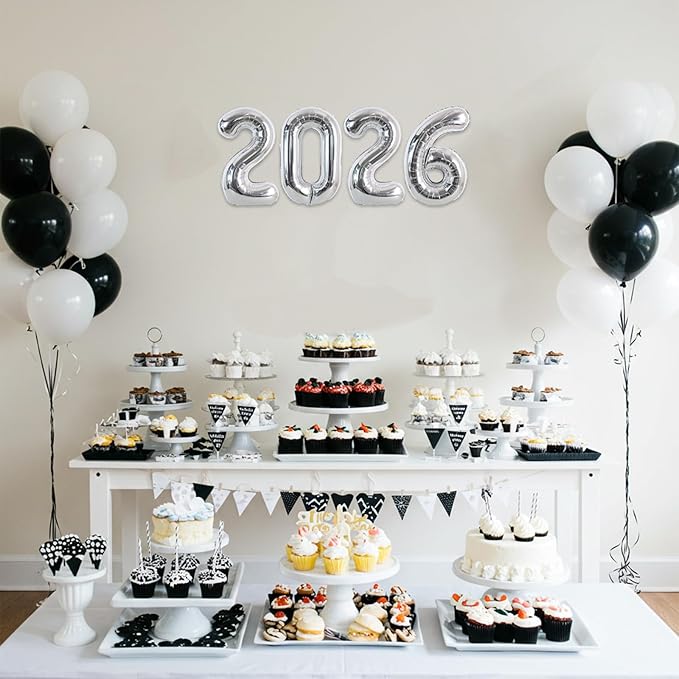 TONIFUL 2026 Silver Foil Number Balloons 16 Inch Silver Number Banner 2026 Graduation Aluminum Foil Mylar Balloons for New Year Eve Christmas Anniversary Party Supplies