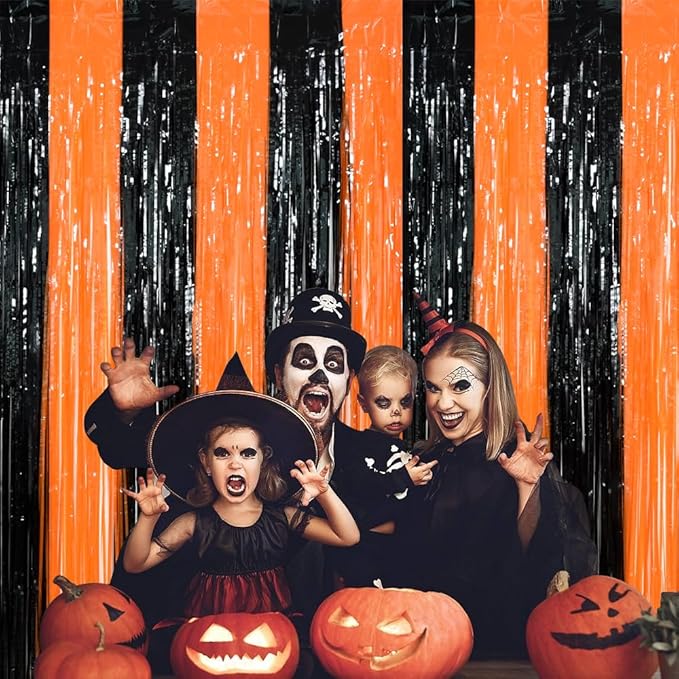 TONIFUL 2Pcs Black Orange Door Streamers,Photo Booth Backdrop Metallic Streamers Foil Fringe Curtains for Birthday,Christmas,New Year,Bachelorette,Halloween Party Streamers Decor(6.6ft x 6.6ft)