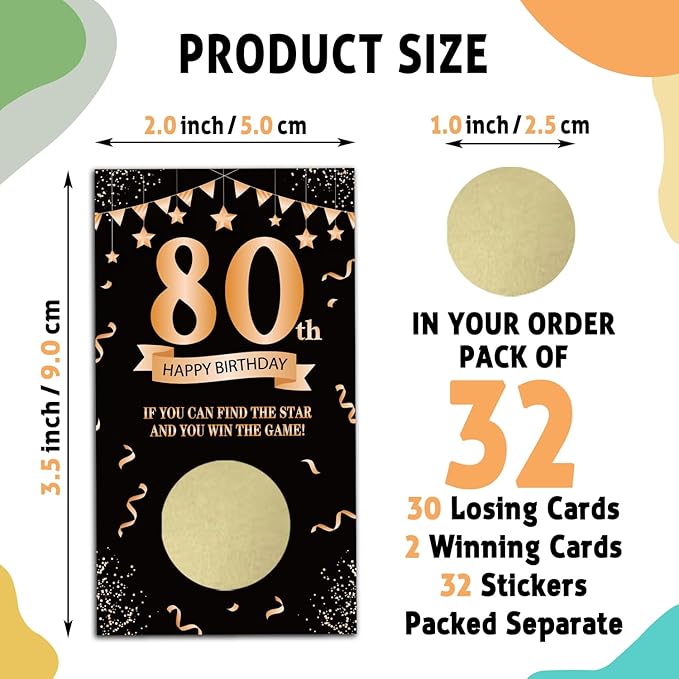 32 Pack 80th Birthday Theme Scratch Cards - Happy 80th Birthday Scratch Off Tickets - Funny Anniversary Party Celebration Supplies - Great for Party Favors, Group Activities, Adult Raffles