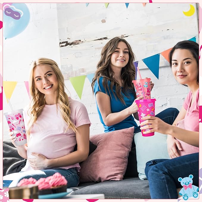 12 Pcs Sleepover Party Cups with Lids and Straws, 24 oz Glitter Iced Coffee Tumbler Sleepover Party Supplies for Girls