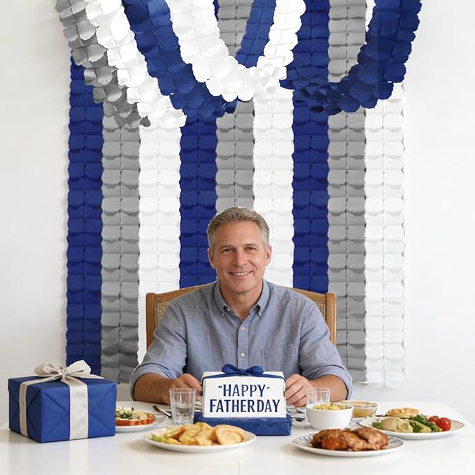 Blue-White Birthday-Party Graduation Decorations 2026 - Blue Streamers Garland Royal Navy Blue Silver 4-Leaf Clover Paper Banners Backdrop Men Boy Fathers Day Wedding Party Decor Supplies Garsellen