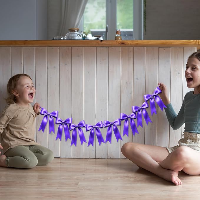 2 Strings of 16PCS Purple Bow Garlands Banner Decoration,Pre-Strung Satin Ribbon Ornaments for Birthday,Bachelorette Party,Bridal Shower,Wedding,Engagement,Baby Shower,Graduation Decor,Anniversary