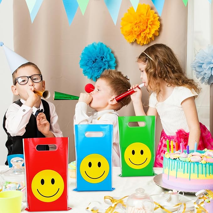 Whaline 200Pcs Rainbow Smile Face Party Favor Bag Colorful Plastic Treat Bags with Handles Candy Goodie Bags for Birthday Baby Shower Snack Cookie Packing