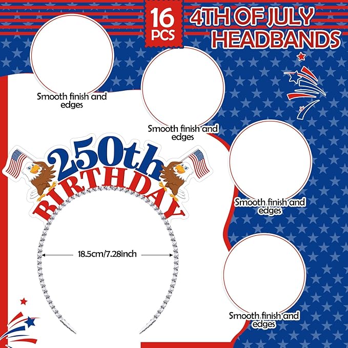 Pajean 32 Pcs 250th Anniversary USA Party Supplies Include 16 Paper Eyeglasses 16 Headbands 4th of July Patriotic Photo Booth Props for Independence Day Memorial Day Patriotic Party Favors Decors