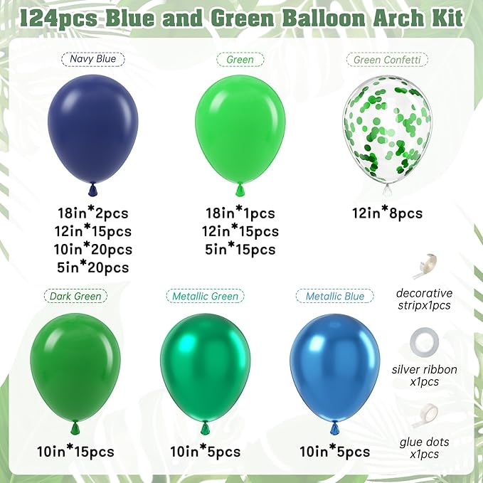 124pcs Blue and Green Balloon Arch Kit, Metallic Blue and Green Balloons with Confetti for Baby Shower Birthday Party Decoration