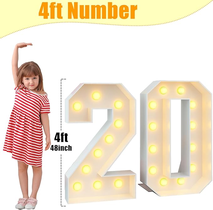 Light Up Number 20 White Marquee 4ft Numbers with Lights Large Mosaic Frame with Slots for 20th Birthday Party Decorations Anniversary Pre-Cut Cardboard Thick Foam Board Sign New Year Graduations