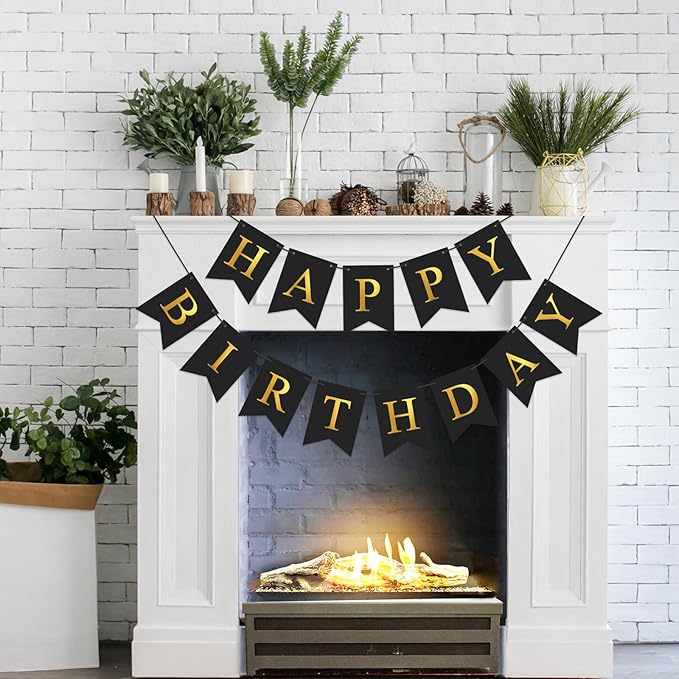 Black Happy Birthday Banner Birthday Party Banner NO DIY Happy Birthday Sign Metallic Gold Pre-Strung Birthday Hanging Decoration for Women Men Girl Boy Party Supplies (Black)