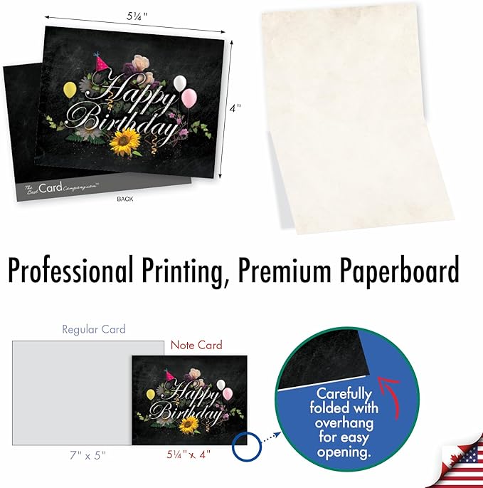 The Best Card Company - 10 Happy Birthday Note Cards Blank - Assorted Bulk Birthday Notecards, Cute Boxed Set (4 x 5.12 Inch) - Chalk and Roses Birthday M6479BDB