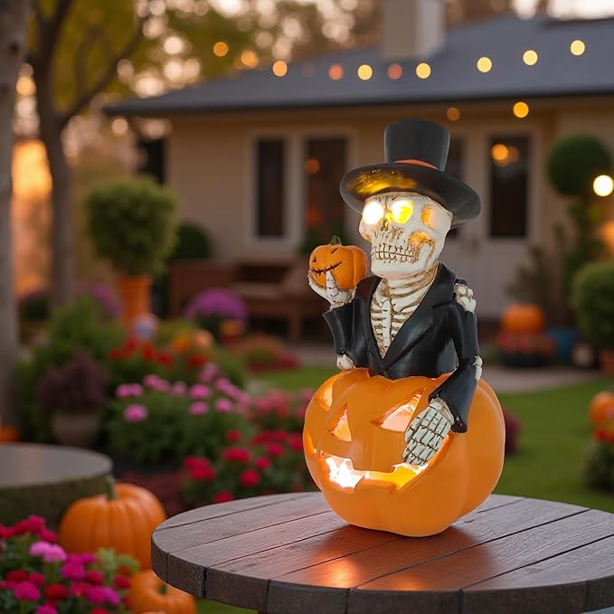 Solar Outdoor Decorations Wizard Skeleton with Pumpkin Figurine Lights, Fall Pumpkin Garden Decor for Yard Patio Porch, LED Skull Gothic Party Accessories, Home Gift for Mardi Gras Shrove Tuesday