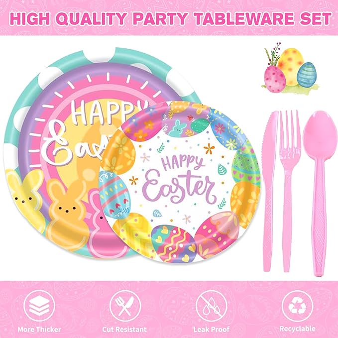 194Pcs Easter Paper Plates & Napkins Sets, Easters Dinnerware/Tableware Sets Including Cups Straws Plastic Cutlery Banner Disposable Tablecloth for Easter Party Supplies Decor,Serves 24 Guests