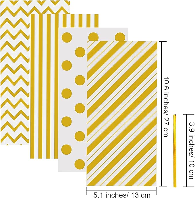 Aneco 100 Pack Gold Cellophane Bags 10.6 x 5.1 Inch Plastic Candy Bags Gift Bag Goodie Bag with Twist Ties for Valentine, Birthday, Gift Cookie Snack Packing Party Favor Supplies