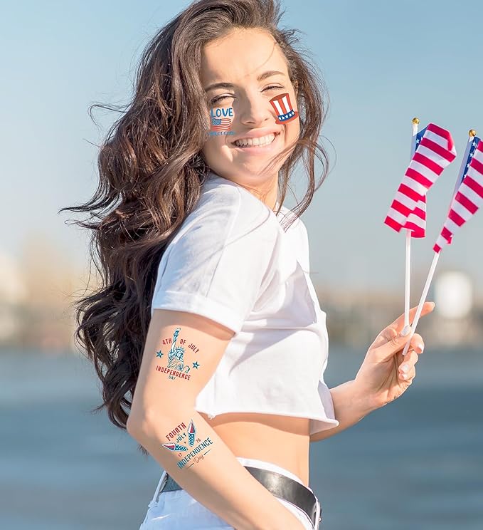 80PCS 4th of July Temporary Tattoos for Teenages & Adults, Patriotic Party Favors, USA Flag, Fireworks, Eagle, Statue of Liberty, Independence Day, Memorial Day, 4th of July Outfits for Women