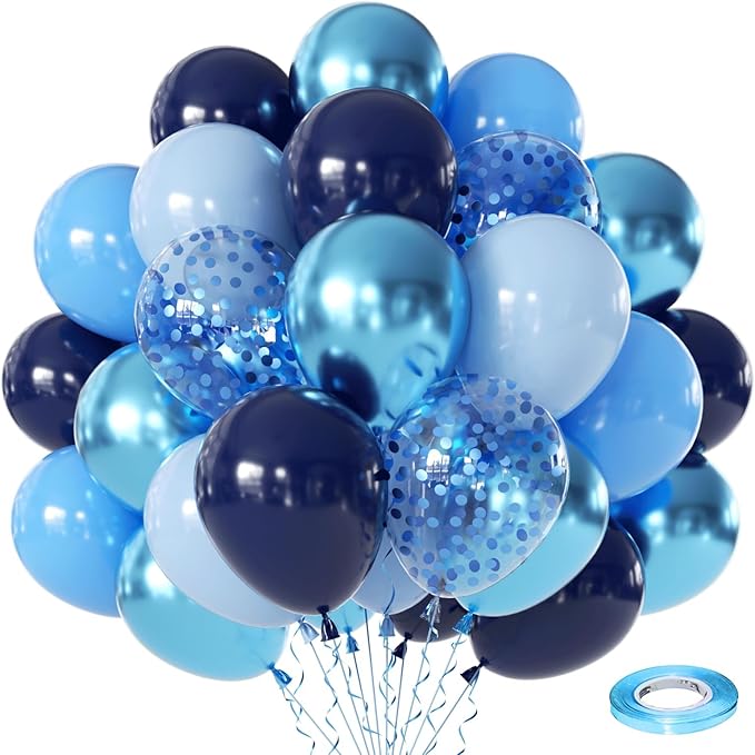 Blue Confetic Balloons Set,50 Pcs 12 Inch Navy Light Metallic Blue Balloon Kit Pastel Pale Blue Latex Balloon with Ribbon for Birthday Wedding Graduation Anniversary Party Decorations