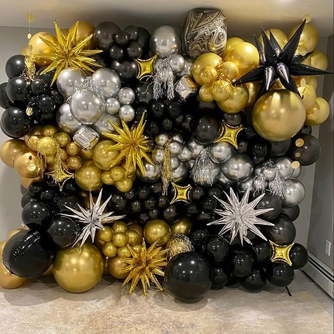Black and Gold Balloon Garland Arch Kit New Year with 4D Disco Ball Explosion Star Balloons, Black Silver Gold Balloons for 2026 New Year Eve Grad Birthday Retirement Party Decorations