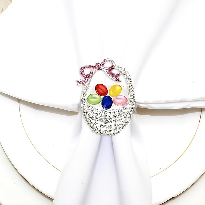 2Pcs Crystal Basket Colorful Easter Egg Brooches Pins with Pink Bow Rhinestones