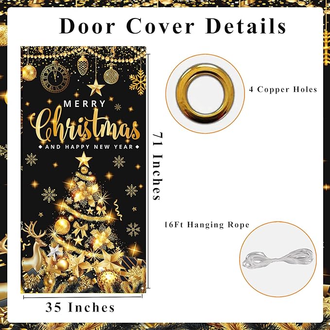 Large Size Merry Christmas & Happy New Year Party Banner, Black Gold, 71x35 Inches