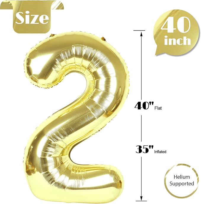 Champagne Gold Number 2 Balloon 40 Inch, White Gold 2 Balloon Number, 2nd Birthday Decorations for Baby Girls Boys Toddlers
