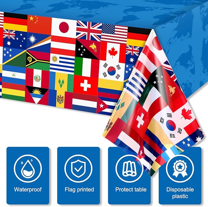 8 Pack International Flag Table Cover Patriotic Table Cloth World Country Flags Plastic Tablecloth for Festival Events Celebration Party Decorations Soccer Sports Beer Party, 108 x 54 Inch