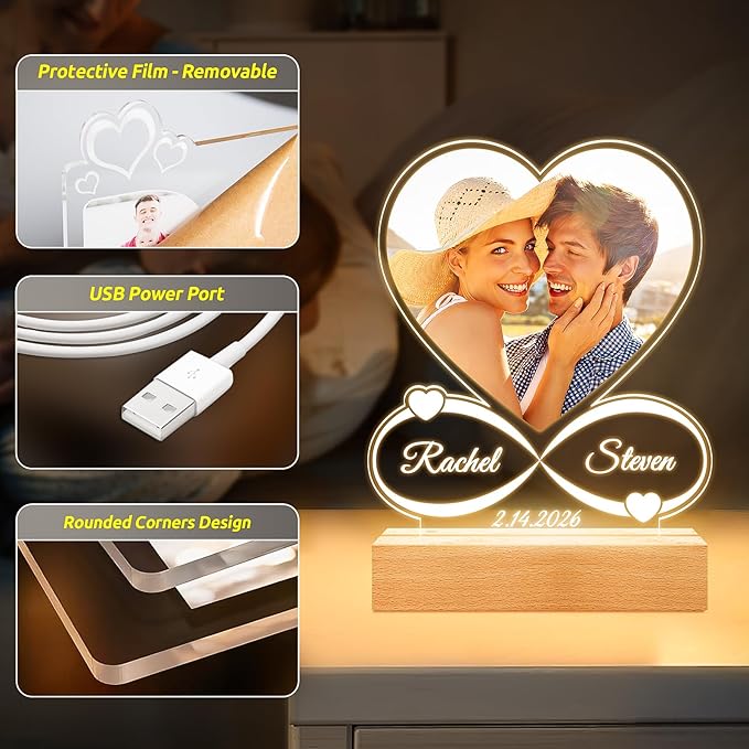 Custom Picture Frames with Photo, Custom Photo Frame with Night Light, Personalized Picture Frame, Personalized Anniversary Couple Gifts for Women Men Him Her Girlfriend Boyfriend Wife