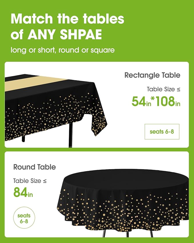 Pureegg Plastic Table Cloth Disposable 10 Pack, 54 x 108 Inch, Table Runner Style, Graduation Decorations 2026, Party Tablecloths, Rectangle, Plastic Cover, Leakproof & Sturdy, Black Gold