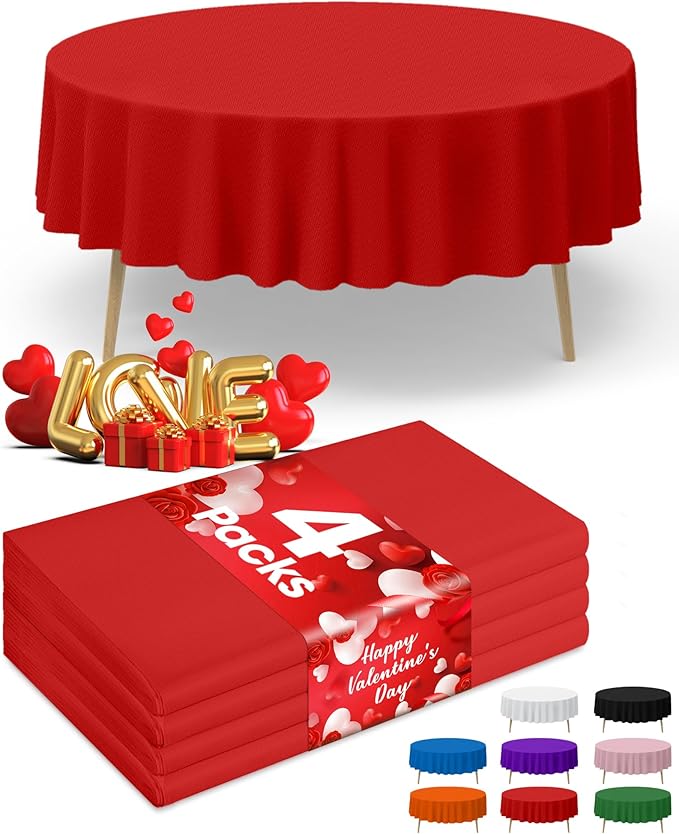 Red Plastic Table Cloth - 4 Pack 84" Round Disposable Tablecloths for Round Tables, Table Cover for Valentines, Holiday Parties & Gatherings