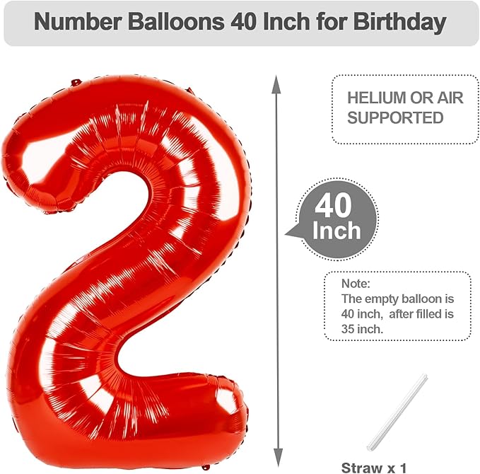 40 Inch Birthday 2 Balloon, Red Number Balloons for Birthday Party Decoration, Big Number Two Ballon for 2, 12, 20, 28, 2026 Celebration, Graduation, Baby Shower, Anniversary Decor